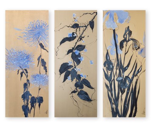 Artwork by Abé Opperman, Gold panel blue and white flower series 1, 2 and 3, Acrylic and mix media on canvas, each one size 1.7 m H x 70cm W