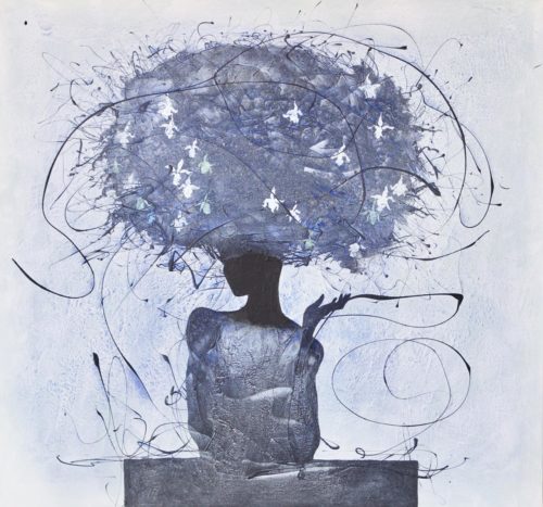 Artwork by Abé Opperman, "The Orchid Collector", size 1, 6 m h x 1, 5 m w framed, Acrylic/mix media on canvas