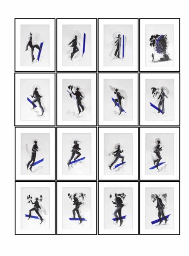 Artwork by Abé Opperman, Human on the move, mix media on Fabiano paper framed and behind UV glass, consists of 16 pieces, each one size 62.cm H x 47.5cm W