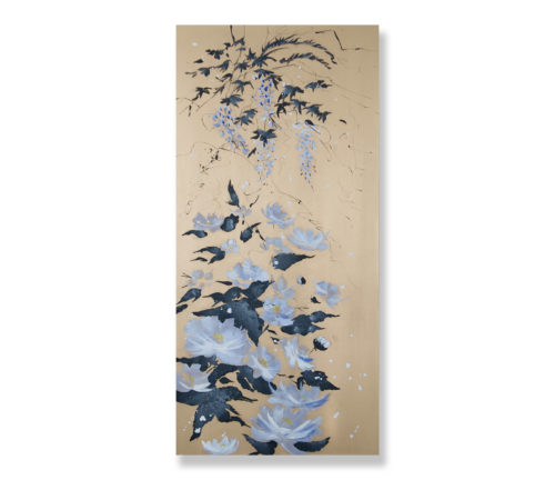 Artwork by Abé Opperman, Gold panel blue and white flower series 7, Acrylic and mix media on canvas, size 2 m H x 95 cm W