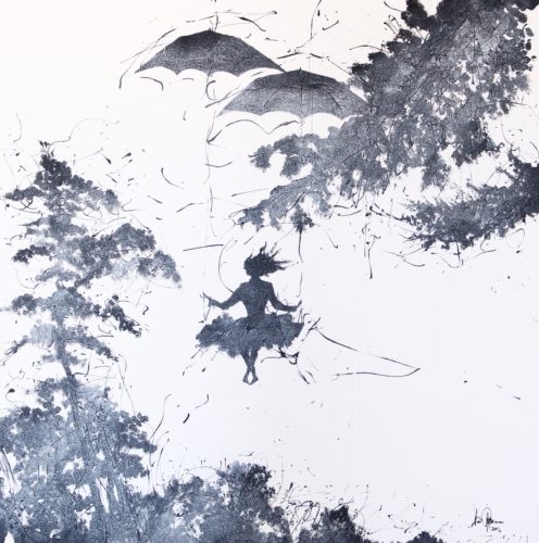 Artwork by Abé Opperman, Cliff of Moher girl on umbrella swing, 1.5w h X 1.5 m w