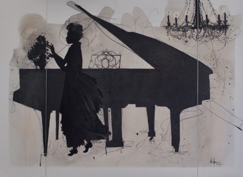 Artwork by Abé Opperman, “Let the music play”, 2m h × 2.75m w, Acrylic/mix media on canvas