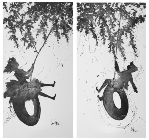 Artwork by Abé Opperman, childhood memories, 2 m h × 1 m w each