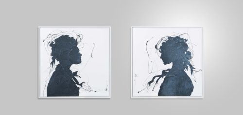 Artwork by Abé Opperman, mix media on canvas framed, 95.4 cm W x 95.4 cm H each, boy on the left availalbe