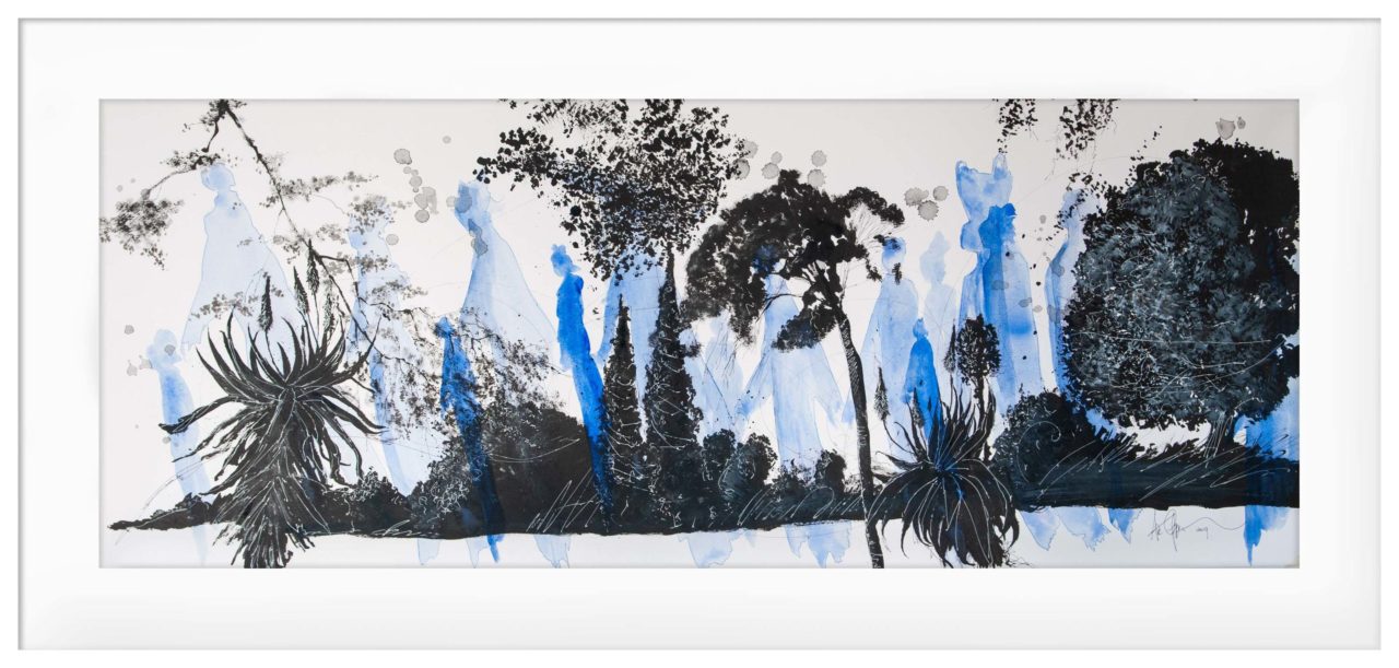 Artwork by Abé Opperman, Walk me, size 121, 5cm w x 62cm h, mixed media on Fabriano paper, framed