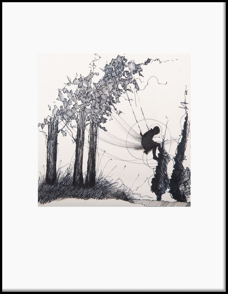 Artwork by Abé Opperman, When we were young, Ink on Arches paper framed, size 37cm w x 47cm h