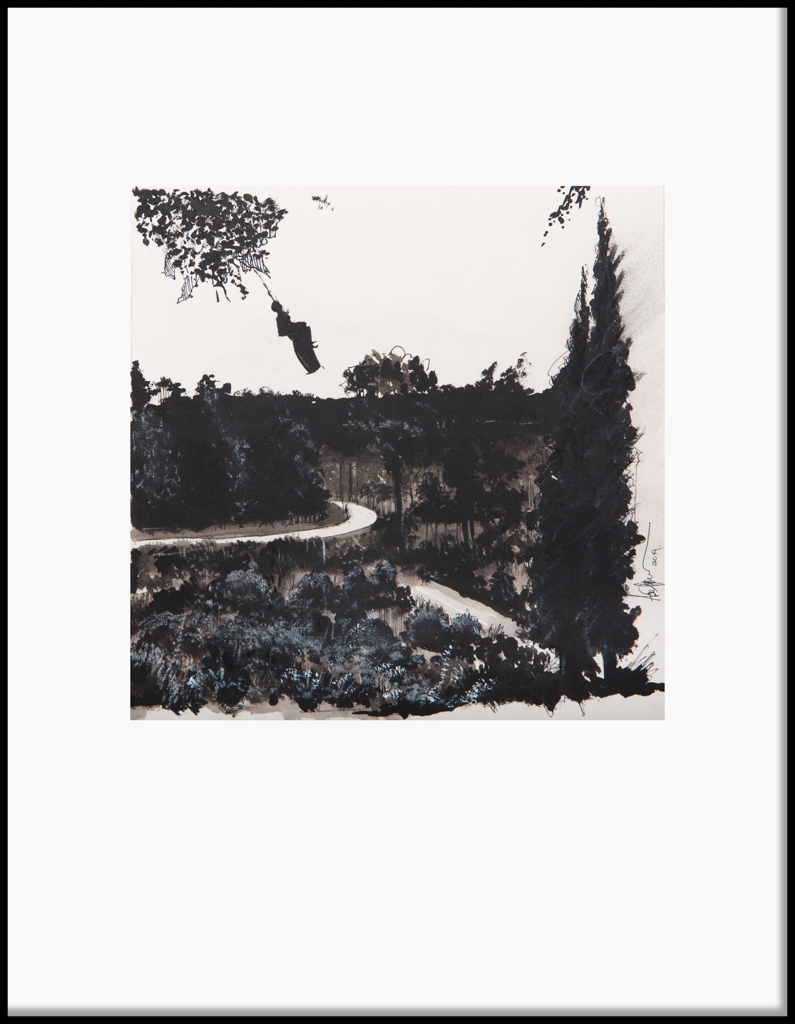 Artwork by Abé Opperman, Day dreams, Ink on Arches paper framed, size 37cm w x 47cm h