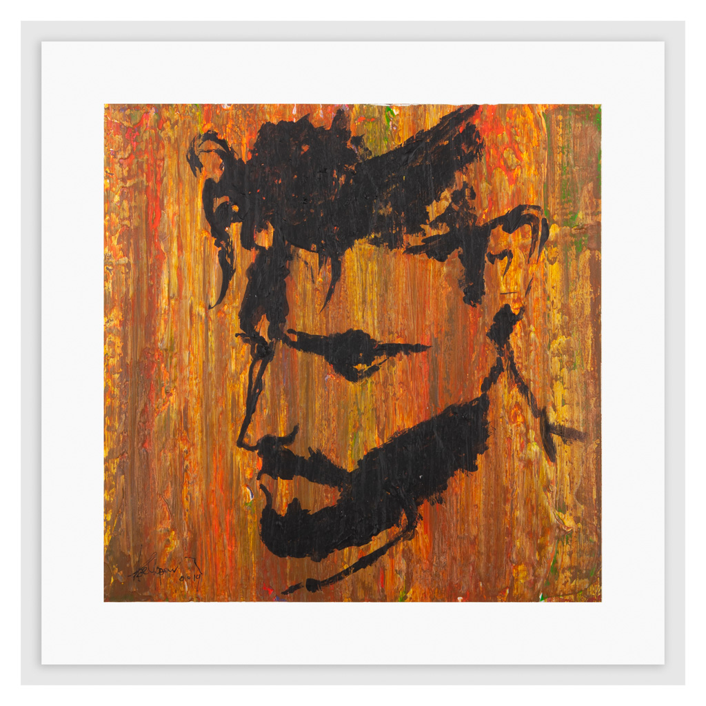 Artwork by Abé Opperman, Pluto, mixed media on woodboard framed, size 34cm × 34cm