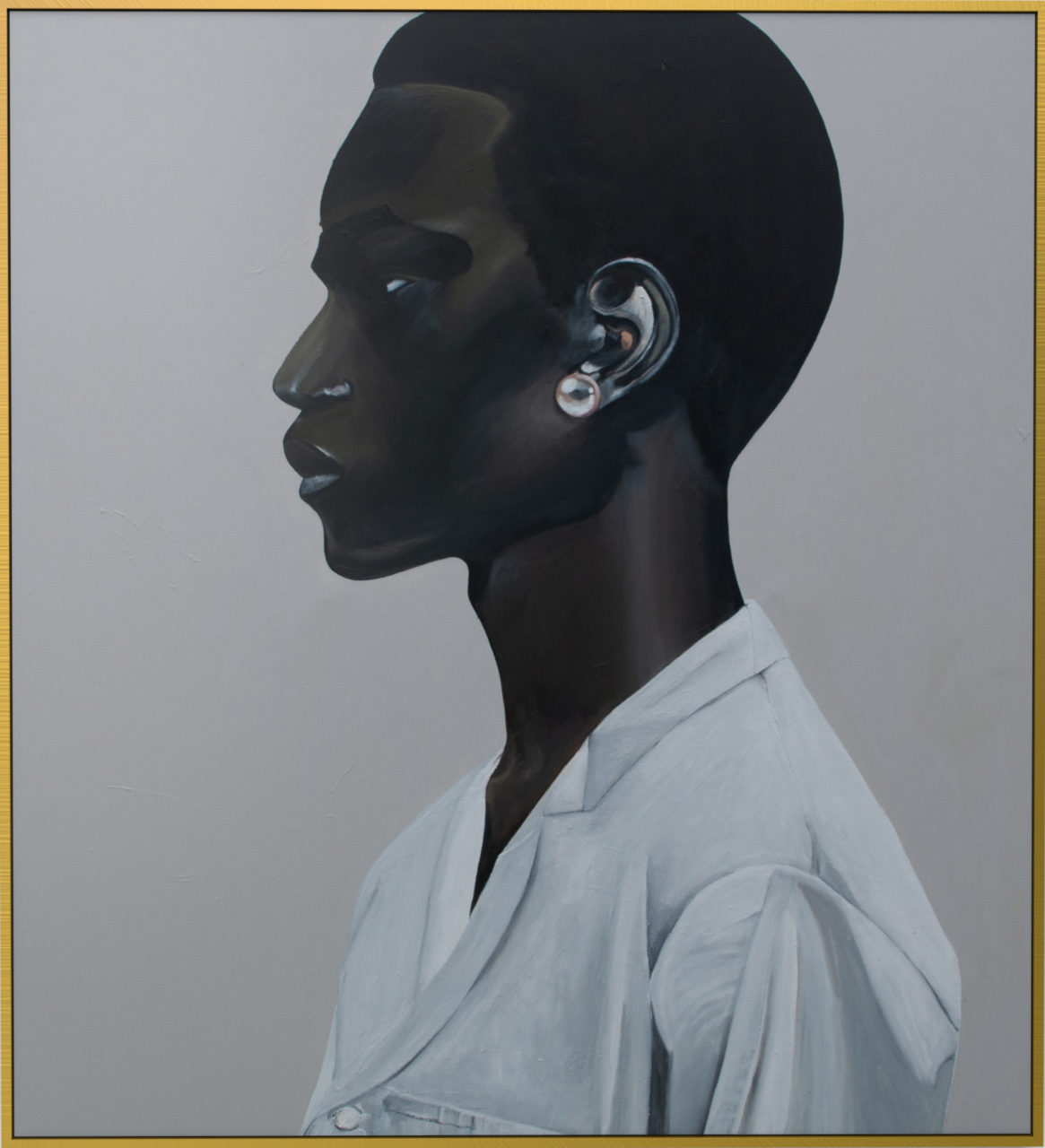 Artwork by Abé Opperman, Erasto, oil and mixed media on canvas, gold framed, size 1, 5 m w x 1, 65 m h
