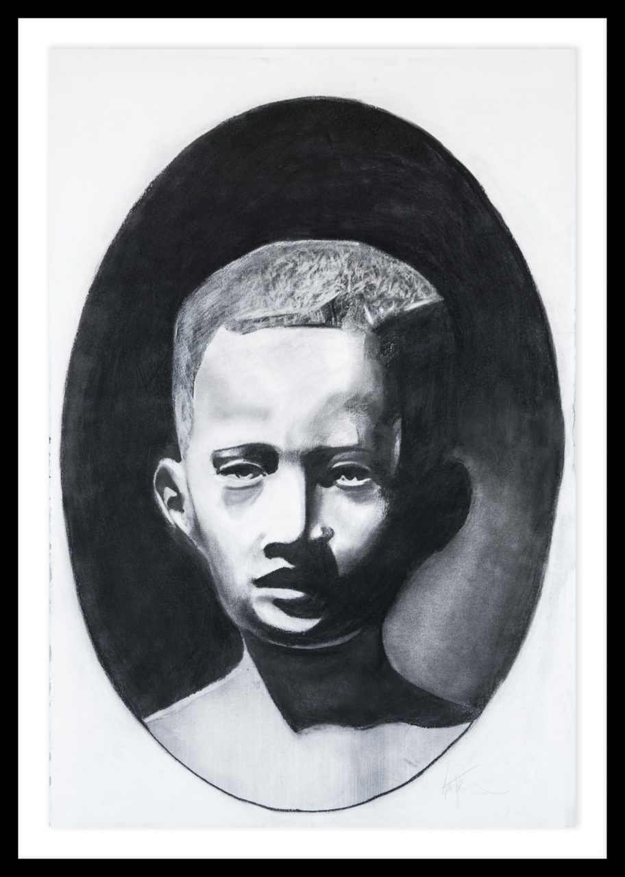 Artwork by Abé Opperman, "Alydar", size 120cm w x 170cm h, Charcoal can mixed media on Arches paper, framed