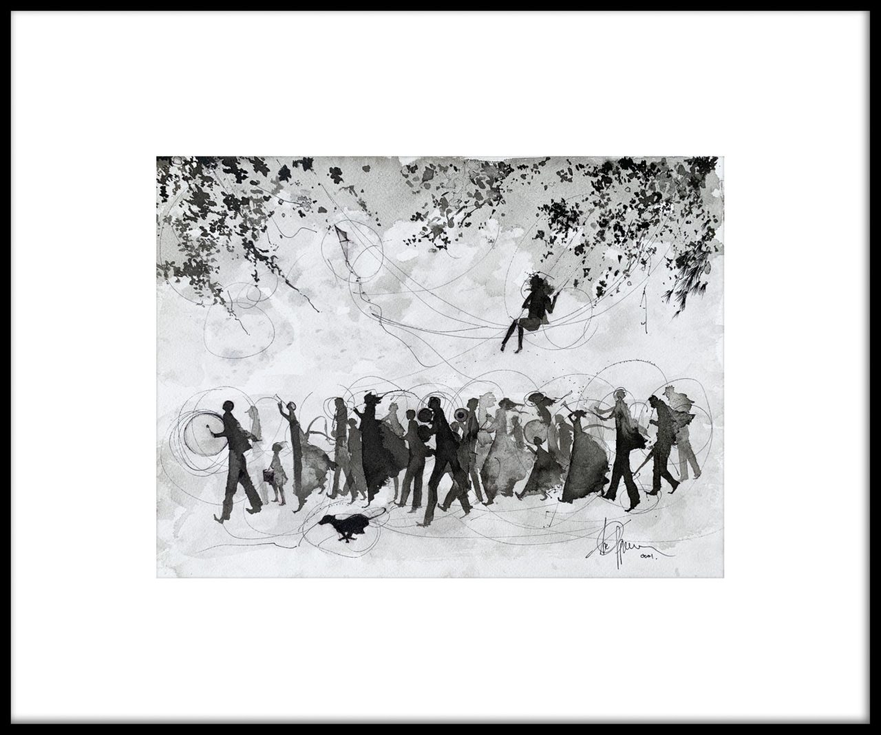 Artwork by Abé Opperman, "Marching to the beat of the drum", Ink on Arches paper, frame, size 60cm w x 50cm h