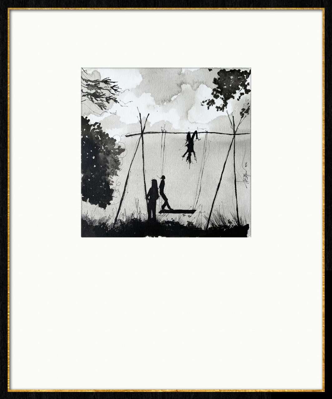 Artwork by Abé Opperman, The little fluffy cloud collection No.6, Ink on Arches paper, size 54cm w x 65cm h, framed