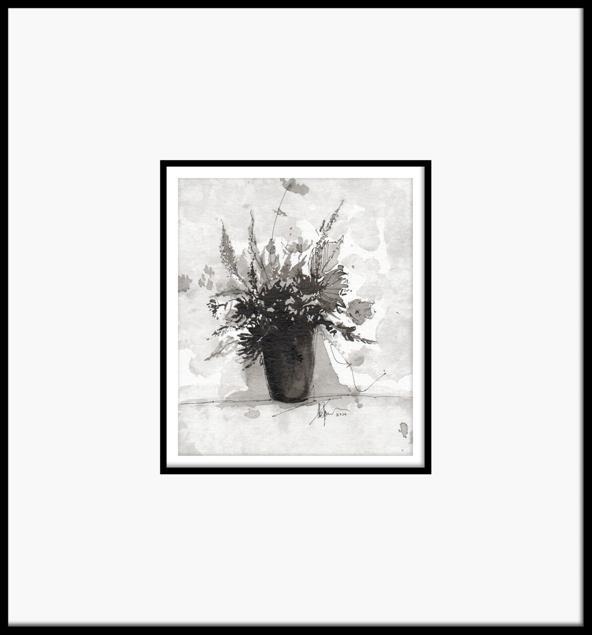 Artwork by Abé Opperman, ink and mixed on Arches paper, framed, size 39cm w x 42cm h