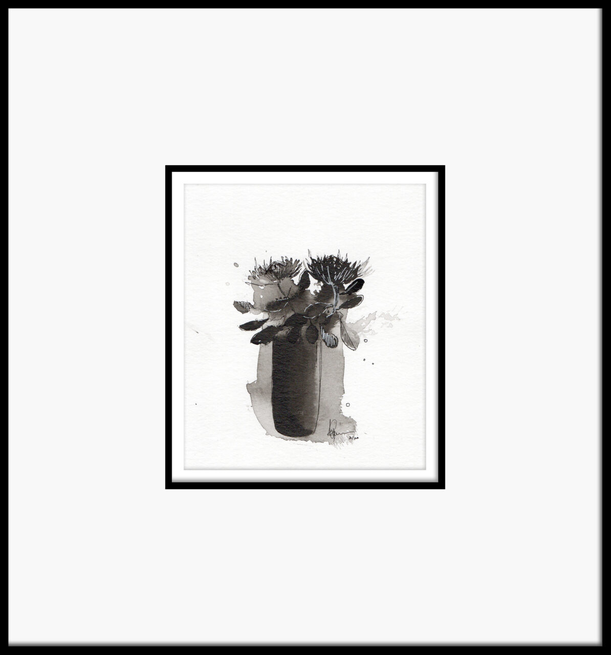 Artwork by Abé Opperman, ink and mixed on Arches paper, framed, size 39cm w x 42cm h