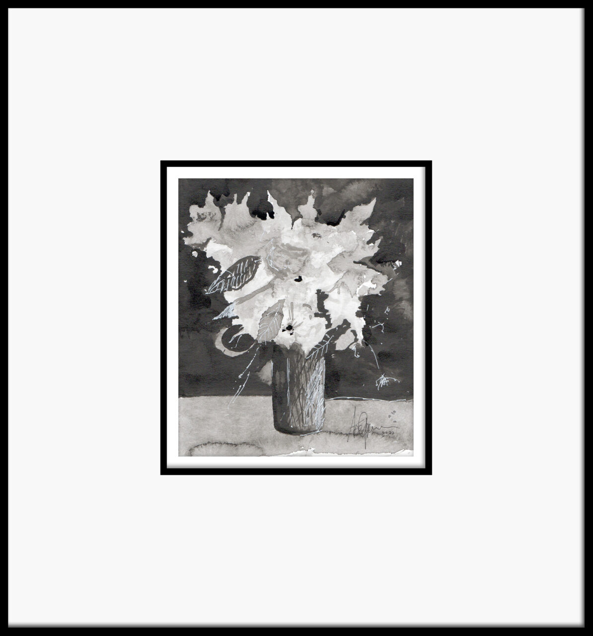 Artwork by Abé Opperman, ink and mixed on Arches paper, framed, size 39cm w x 42cm h