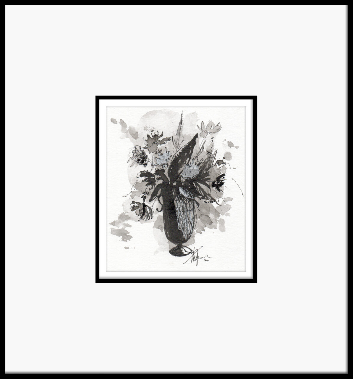 Artwork by Abé Opperman, ink and mixed on Arches paper, framed, size 39cm w x 42cm h