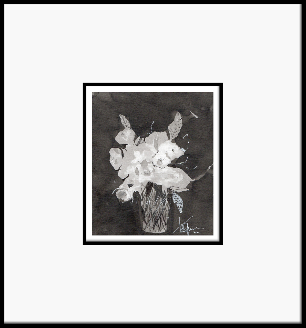 Artwork by Abé Opperman, ink and mixed on Arches paper, framed, size 39cm w x 42cm h