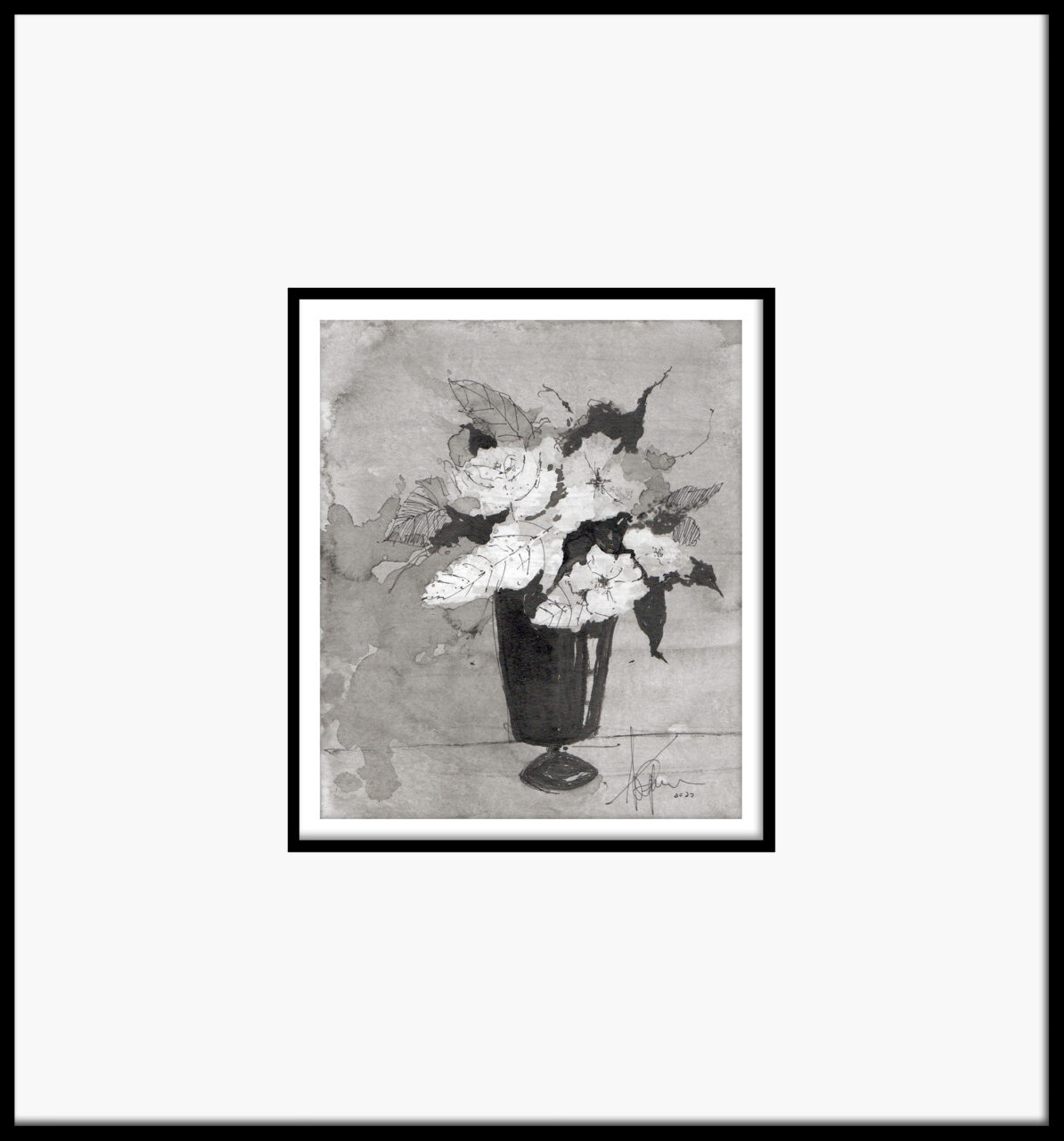 Artwork by Abé Opperman, ink and mixed on Arches paper, framed, size 39cm w x 42cm h