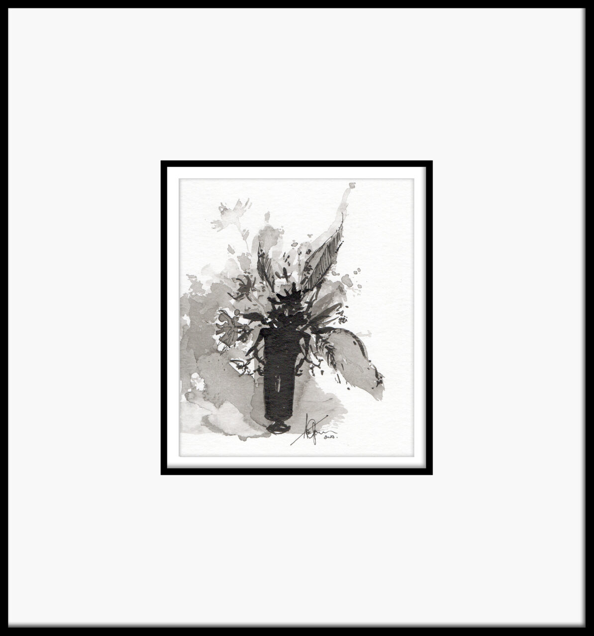 Artwork by Abé Opperman, ink and mixed on Arches paper, framed, size 39cm w x 42cm h