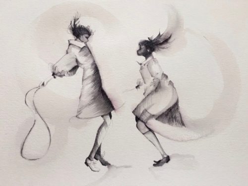 Artwork by Abé Opperman, A hop and a skip away 1, 4 m × 0.84 m h Watercolor and ink on Fabriano paper framed